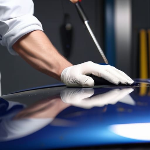 Professional car dent repair on vehicle surface.