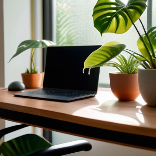 Lush home office plants on a desk.