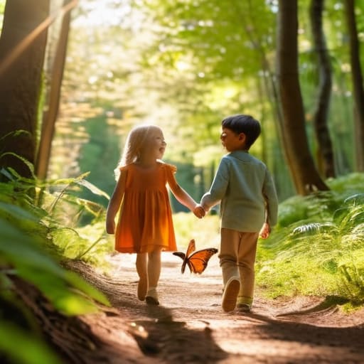 Engaging parents walking with kids outdoors.